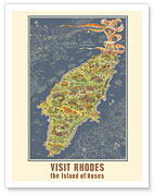 Visit Rhodes Greece - The Island of Roses - Vintage Pictorial Map c.1935 - Giclée Art Prints & Posters