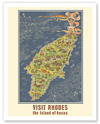 Visit Rhodes Greece - The Island of Roses - Vintage Pictorial Map c.1935 - Fine Art Prints & Posters