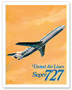 Boeing Super 727 Jet Airplane - United Airlines - c.1969 - Fine Art Prints & Posters