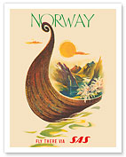 Norway - Fly There Via SAS Scandinavian Airlines System - Viking Ship - c. 1957 - Fine Art Prints & Posters