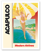 Acapulco Mexico - Parasailing Bikini Blonde - Western Air Lines - c. 1970's - Fine Art Prints & Posters