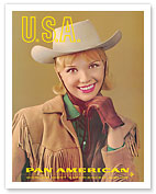 USA - Smiling Cowgirl - Pan American World Airways - c. 1970's - Fine Art Prints & Posters