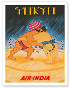 Tokyo, Japan - Air India - Maharaja vs Japanese Sumo Wrestler - c. 1965 - Fine Art Prints & Posters