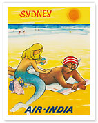 Sydney, Australia - Air India - Sun Tanning Mermaid with The Maharaja - c. 1964 - Fine Art Prints & Posters