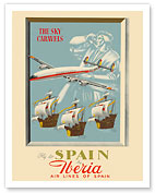 Fly to Spain - by Iberia Air Lines of Spain - Christopher Columbus - c. 1950's - Fine Art Prints & Posters