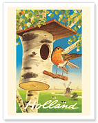 Holland - Netherlands - Tree Trunk Birdhouse, Dutch Windmills - c. 1950's - Fine Art Prints & Posters