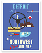 Detroit, Michigan - Motown, Motor City - Fly Northwest Orient Airlines - c. 1950's - Fine Art Prints & Posters