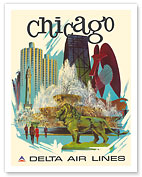 Chicago, Illinois - Buckingham Fountain, Marina City - Delta Air Lines - c. 1970's - Fine Art Prints & Posters