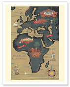 World Route Map - Africa, Europe, Asia - Sabena Belgian World Airlines - c. 1950 - Giclée Art Prints & Posters
