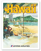 Hawaii - Waikiki Beach and Diamond Head - United Air Lines - c. 1970's - Fine Art Prints & Posters