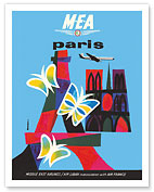 Paris, France - Eiffel Tower - Notre Dame Cathedral - MEA Middle East Airlines - c. 1960's - Fine Art Prints & Posters