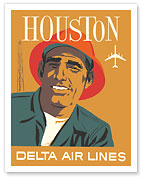 Houston, Texas - Delta Air Lines - Texan Oil Worker and Tower - c. 1960's - Fine Art Prints & Posters