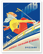 Switzerland (Svizzera) - Skier on Train - Montreux-Oberland Bernois (MOB) Railway - c. 1946 - Fine Art Prints & Posters