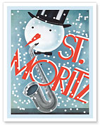 St. Moritz Switzerland - Snowman Playing Saxophone - c. 1928 - Fine Art Prints & Posters