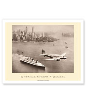 New York City 1938 - TWA The Lindbergh Line (Douglas DC-3) - SS Normandie Ocean Liner - Giclée Art Prints & Posters