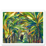 Carol's Lanai - Hawaiian Black Cat ('ele'ele Popoki) in Palm Trees and Ti Plants - Fine Art Prints & Posters