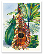 Mele Pua (Flower Song) - Hawaiian Ukulele, Leis, Ti Leaves Offering - Fine Art Prints & Posters