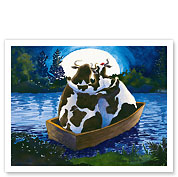 Moooon River - Two Hawaiian Cows in Love Gazing at Full Moon - Fine Art Prints & Posters