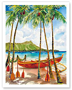 A Peaceful Voyage - Hawaiian Canoe (Wa'a) - Diamond Head Crater - Fine Art Prints & Posters