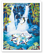 Penguin Follies - Playful Penguins in Hawaiian Waterfall (Wailele) - Fine Art Prints & Posters