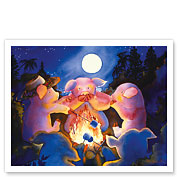 Pig Tales - Hawaiian Pigs (Pua'a) Roasting Marshmallows Over a Campfire - Giclée Art Prints & Posters