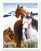 Switchback - Hawaiian Horses (Lio) on the Difficult Pali Puka Trail, Oahu - Fine Art Prints & Posters