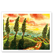 Red Sky over Tuscany Italy - Italian Vineyards, Cypress Trees - Fine Art Prints & Posters