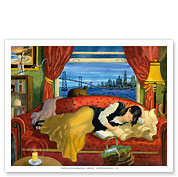 She Lives in San Francisco - California Woman on Couch with Cat - Fine Art Prints & Posters