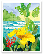 Yellow Canna with Waves - Tropical Paradise Hawaii - Hawaiian Islands - Fine Art Prints & Posters