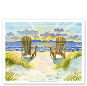 Wait For The Dawn - The Two of Us - Beach Chairs Ocean Twilight View - Fine Art Prints & Posters