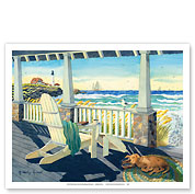 Morning Coffee at the Beach House - Seaside Ocean View with Dog - Fine Art Prints & Posters