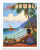 Aloha Hawaii - Hawaiian Woman watching Outrigger Canoe (Wa'a) - Fine Art Prints & Posters