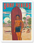 Surf Riders of Waikiki - Hawaii Surfer - Koa Wood Longboard - Duke Kahanamoku - Fine Art Prints & Posters