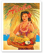 Aloha Fruit Basket - Hawaii Woman (Wahine) - Tropical Fruit Basket - Fine Art Prints & Posters