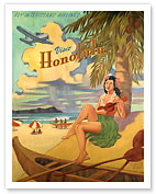 Visit Honolulu - Hawaii Hula Girl Playing Ukulele - Fly Interisland Airlines - Fine Art Prints & Posters