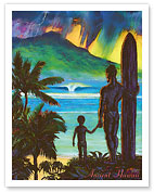 Ancient Hawaii - Hawaiian Surfer with Keiki Son - Fine Art Prints & Posters