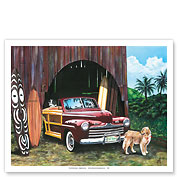 Surf Animal - Retro Woodie Car with Surfboards - Golden Retriever Surfing Dog - Fine Art Prints & Posters