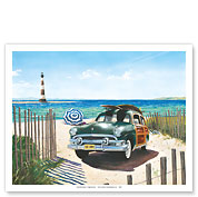 EZ Now - Retro Woodie on Beach with Surfboards - Fine Art Prints & Posters