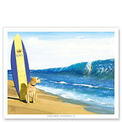 The Kings Beach - Dog with Surfboard - Big Wave Surfer - Fine Art Prints & Posters