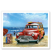 Surfin USA - Retro Woodie Car with Surfboards on Beach - Fine Art Prints & Posters