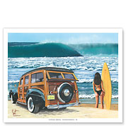 U Go Girl - Retro Woodie Car on Beach with Surfer Girl - Fine Art Prints & Posters