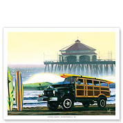 One Last Ride - Retro Woodie on Beach with Surfboards - Huntington Beach Pier - Fine Art Prints & Posters