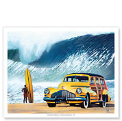 Buttercup Buick - Retro Woodie Car on Beach with Big Wave Surfer - Fine Art Prints & Posters