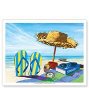 Stranded - Beach Going Essentials: Book, Straw Hat, Sunglasses, Beach Towel, Flip Flops - Fine Art Prints & Posters