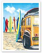 Beach Cruiser Kids - Retro Woodie on Beach with Surfboards - Fine Art Prints & Posters