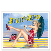 Beauty and the Beach - Retro Woodie with Surfboards and Pin-up Girl - Fine Art Prints & Posters