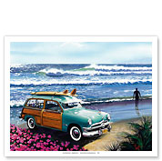 Surf City - Retro Woodie on Beach with Surfboards - Fine Art Prints & Posters