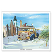 G'Day Mate - Retro Woodie on Beach with Surfboards - Fine Art Prints & Posters