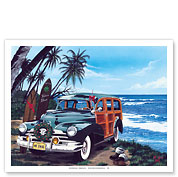 Kahuna Klaus - Retro Christmas Woodie on Beach with Surfboards - Fine Art Prints & Posters