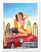 Big Kahuna Bebe - Retro Woodie with Surfboards and Pin-up Girl - Fine Art Prints & Posters